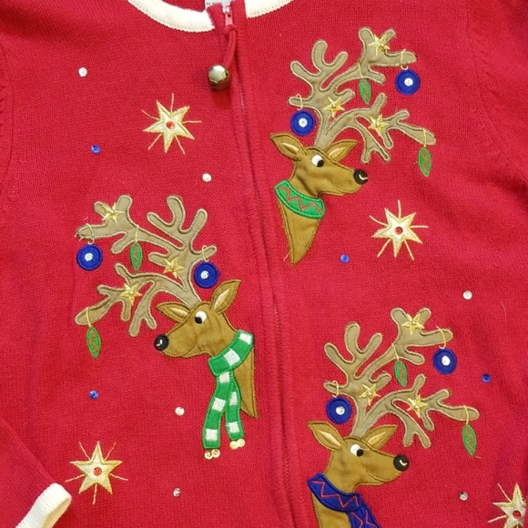 TIARA INTERNATIONAL UGLY CHRISTMAS SWEATER ZIPPER REINDEER BELLS SEQUIN - Picture 2 of 5